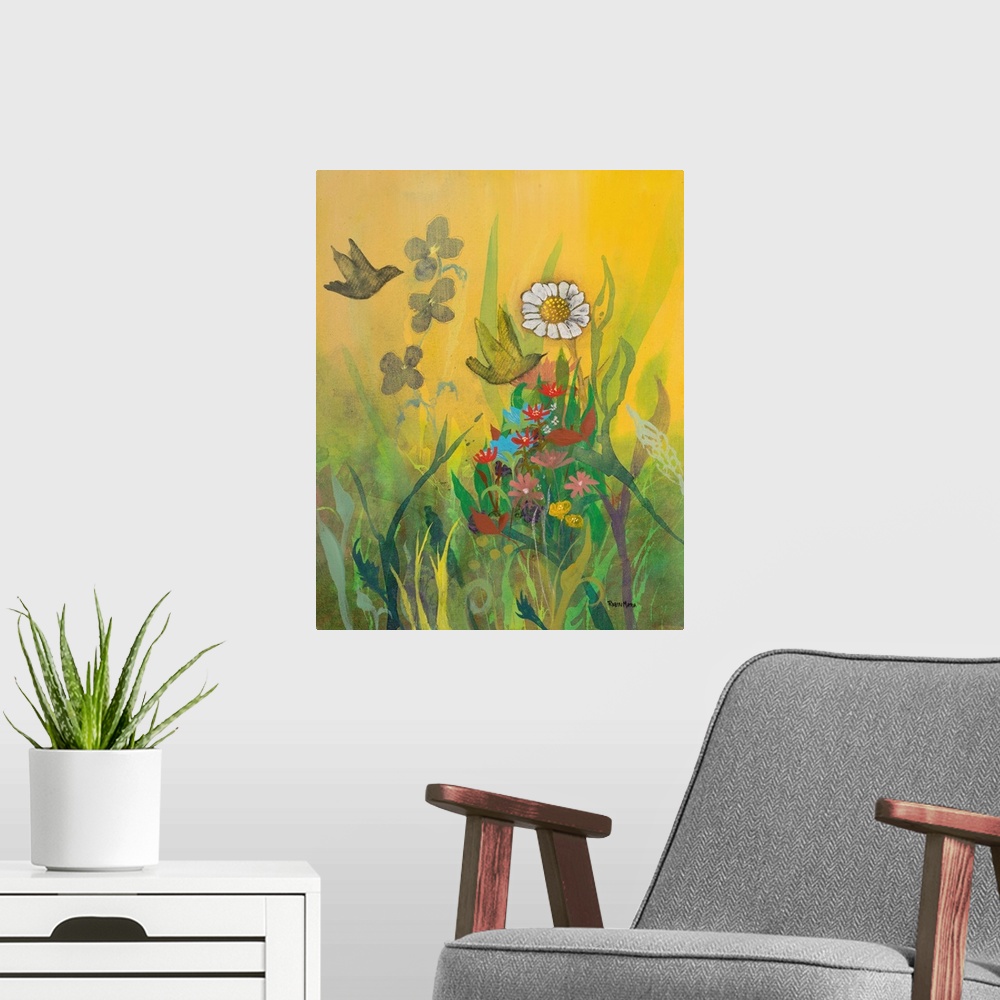 A modern room featuring Contemporary painting of a daisy and other flowers in a garden with two small birds.