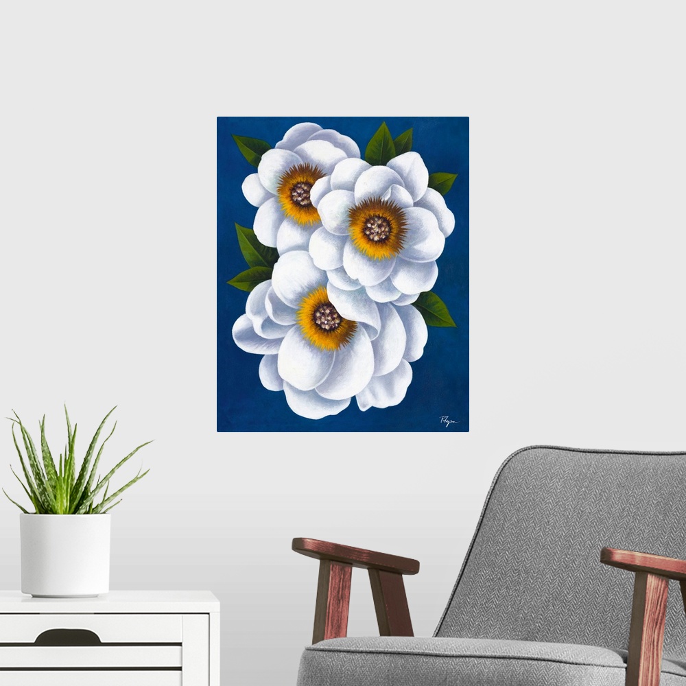 A modern room featuring Contemporary painting of three beautiful white flowers on a bright blue background.