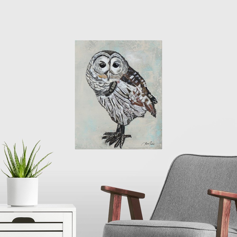 A modern room featuring Portrait of a barred owl.
