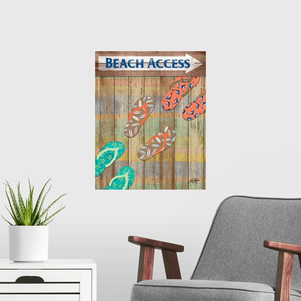 A modern room featuring Beach themed painting with decorative flip flops on a wooden background with colorful faded strip...