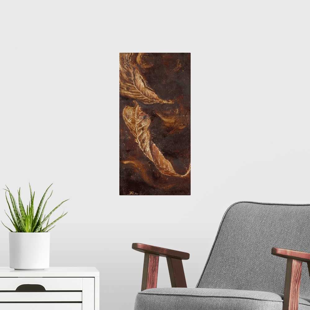 A modern room featuring Contemporary painting of a close-up of autumn leaves.