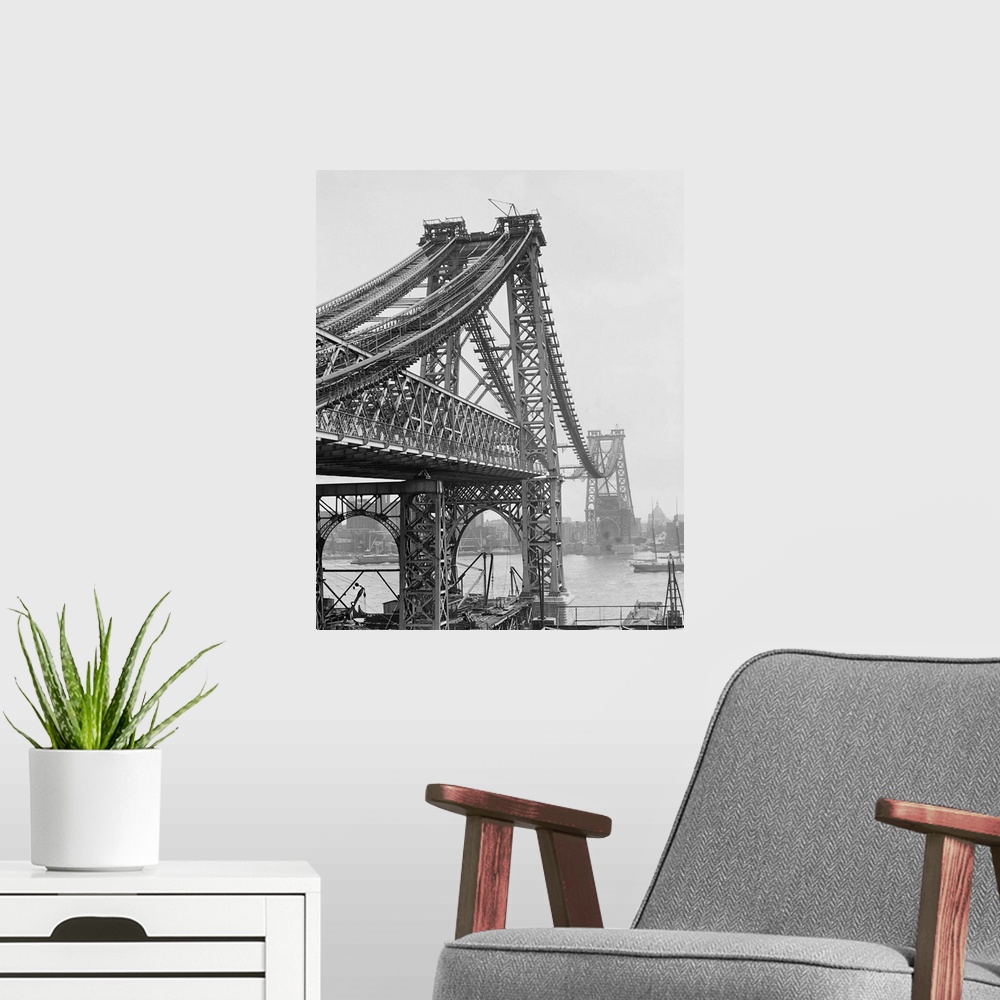 A modern room featuring A view of the bridge from Brooklyn, New York. Photograph, c1903.