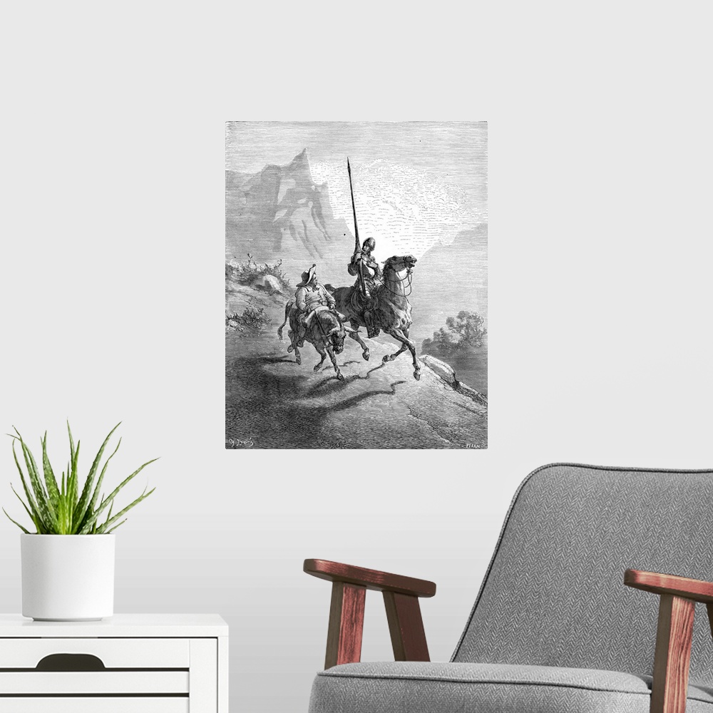 A modern room featuring Don Quixote and Sancho Panza setting out at dawn in search of adventure: wood engraving after Gus...
