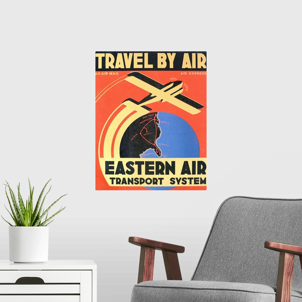 A modern room featuring An Eastern Air Transport System display card from 1932 showing it's routes along the east coast o...