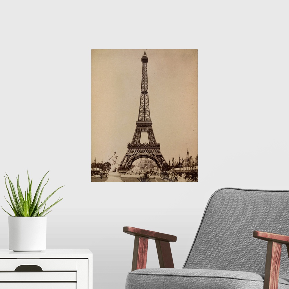 A modern room featuring A view of the Eiffel Tower during the Universal Exposition of 1889 in Paris, France. Photograph, ...