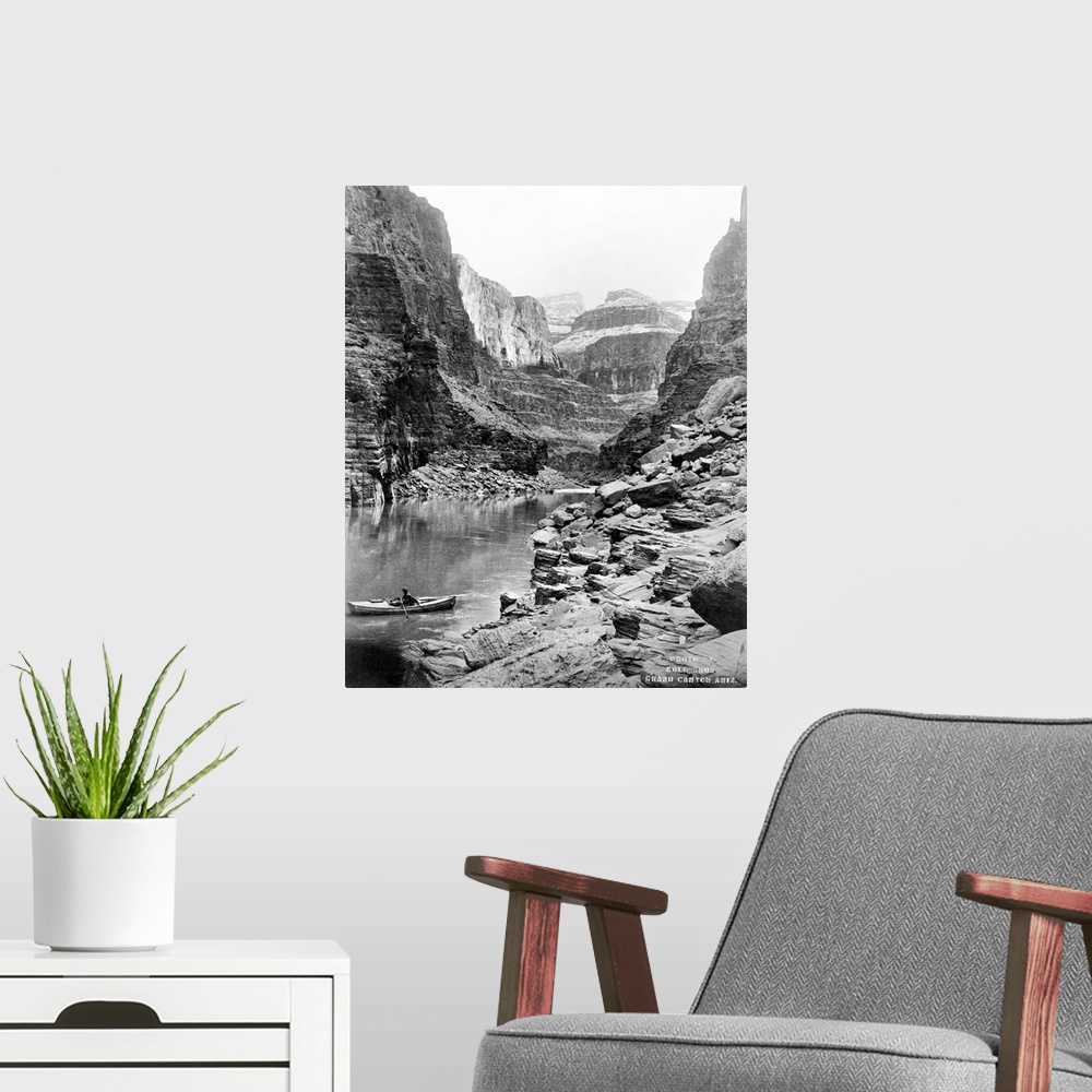 A modern room featuring Grand Canyon, C1913. A View Of the Grand Canyon In Arizona, Showing A Man In A Boat On A River In...
