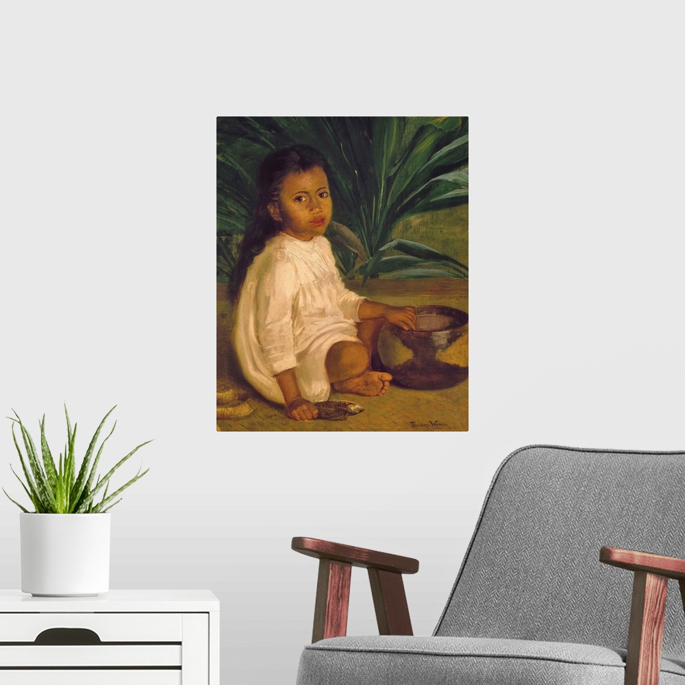 A modern room featuring Hawaiian Child, 1901. Hawaiian Child And Poi Bowl. Oil On Fabric, 1901, By Theodore Wores.