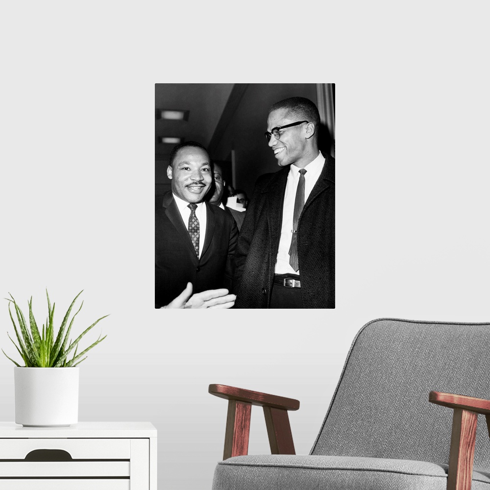 A modern room featuring KING AND MALCOLM X, 1964. Dr. Martin Luther King Jr. (left), American cleric and civil rights lea...
