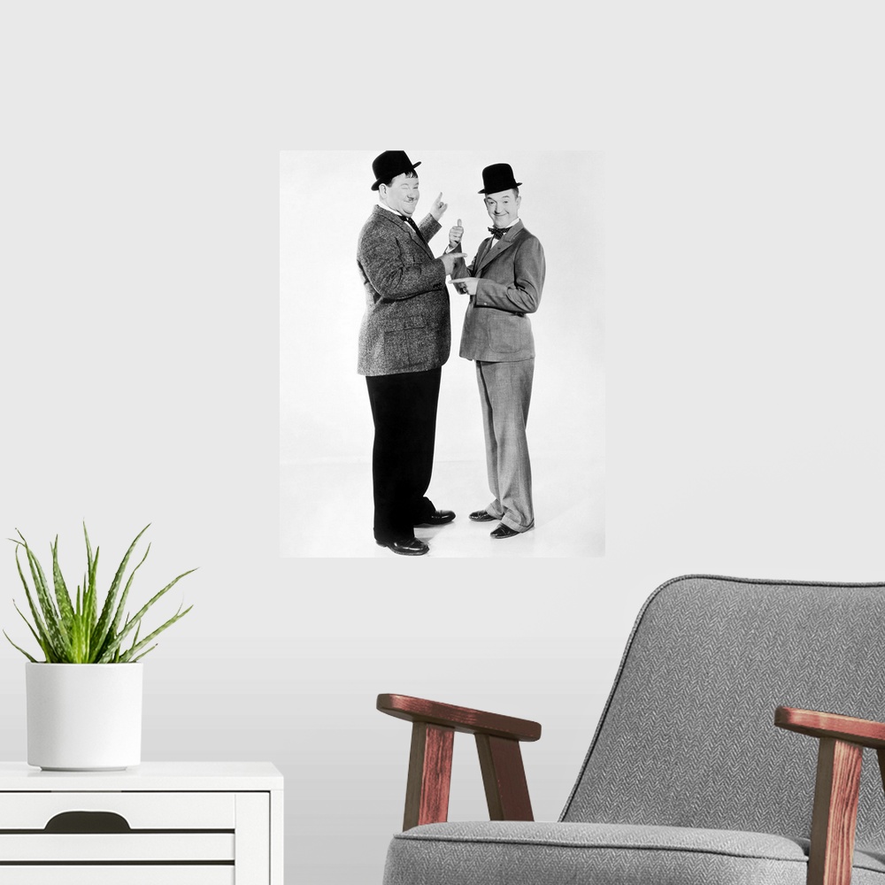 A modern room featuring Stan Laurel (right) and Oliver Hardy.