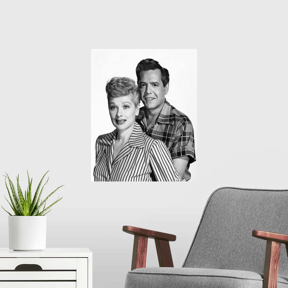 A modern room featuring American actress and comedienne. With husband Desi Arnaz (1917-1986) in a publicity photograph fo...