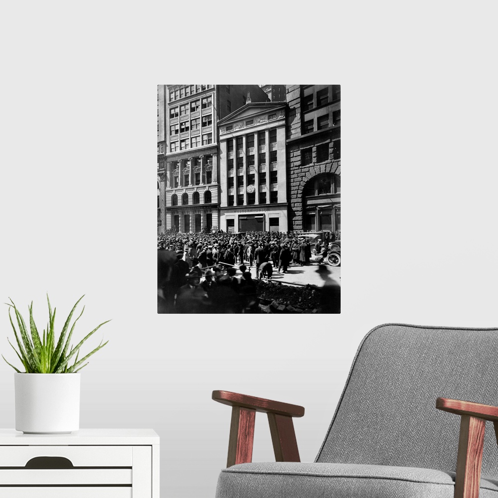 A modern room featuring Crowd of men involved in curb exchange trading in front of the Western Union Building, New York C...