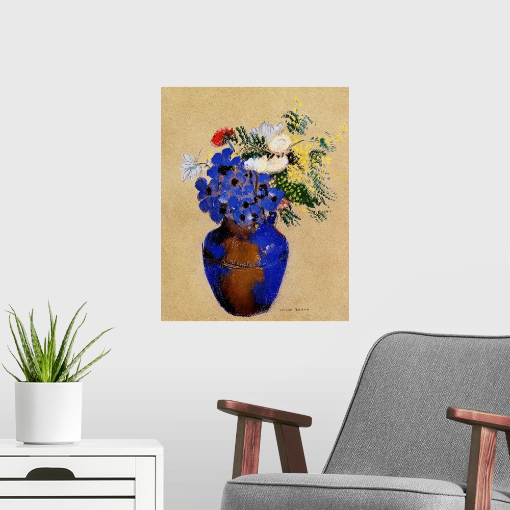A modern room featuring Redon, Vase Of Flowers. Pastel Drawing By Odilon Redon (1840-1916).