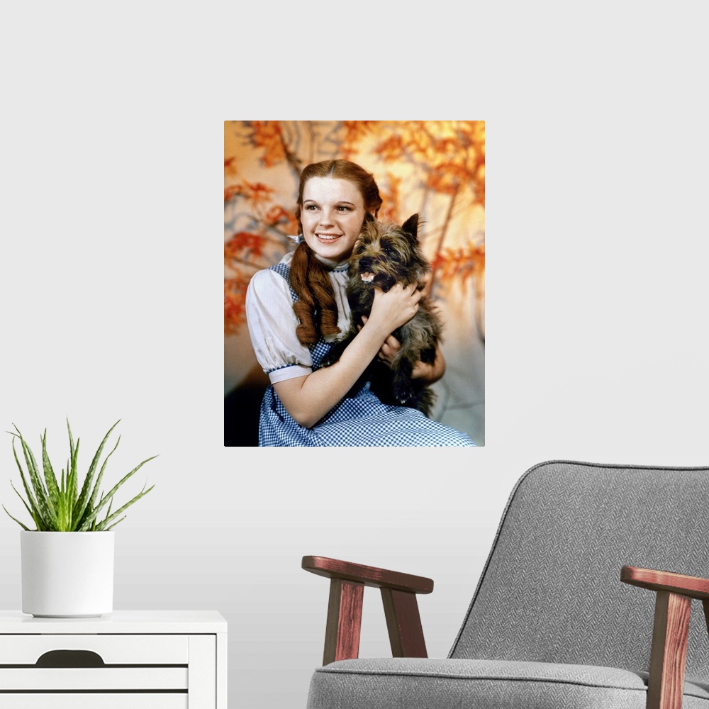 A modern room featuring Judy Garland as Dorothy, with her dog Toto, in the 1939 film 'The Wizard of Oz.'