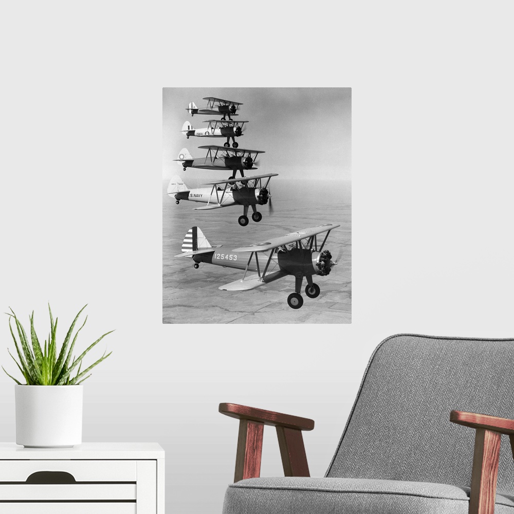 A modern room featuring Boeing military trainer airplanes bound for five different services (from top to bottom): Peru, G...
