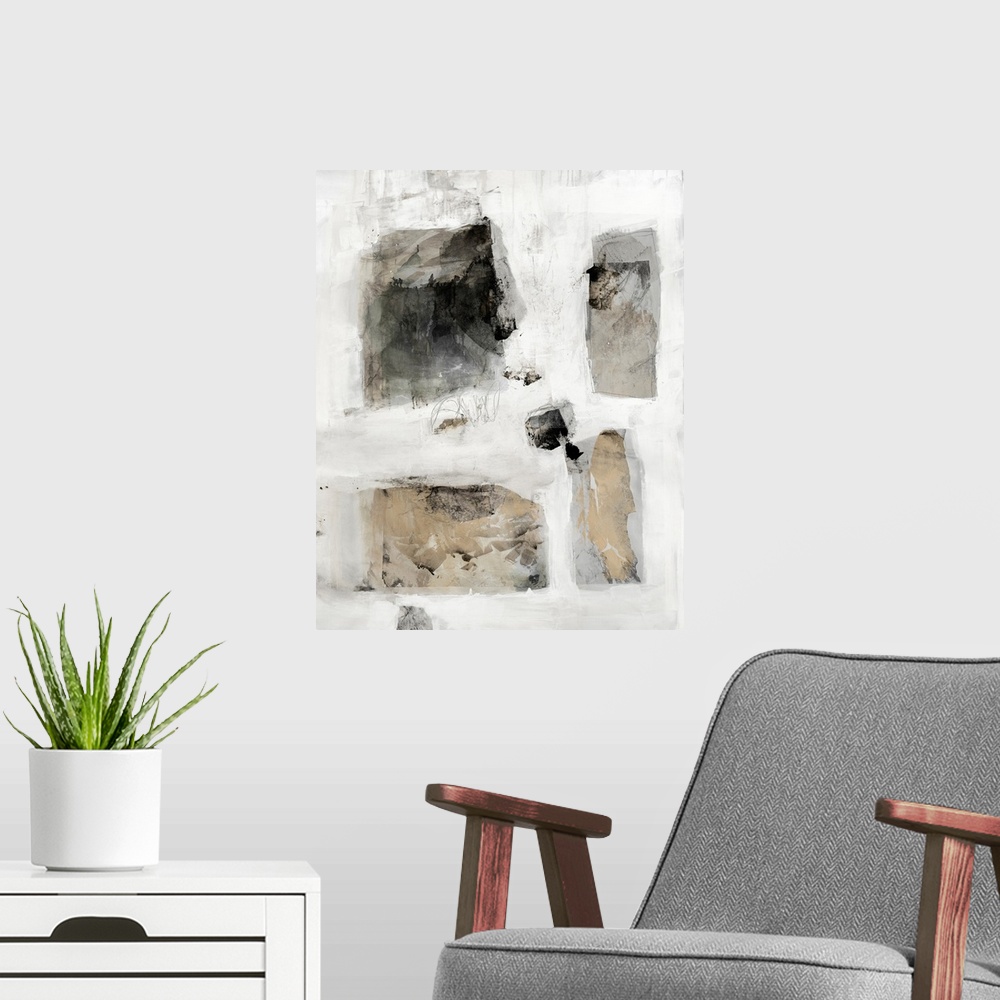 A modern room featuring A masculine contemporary abstract painting featuring rectangular shapes in neutral tones on a mut...
