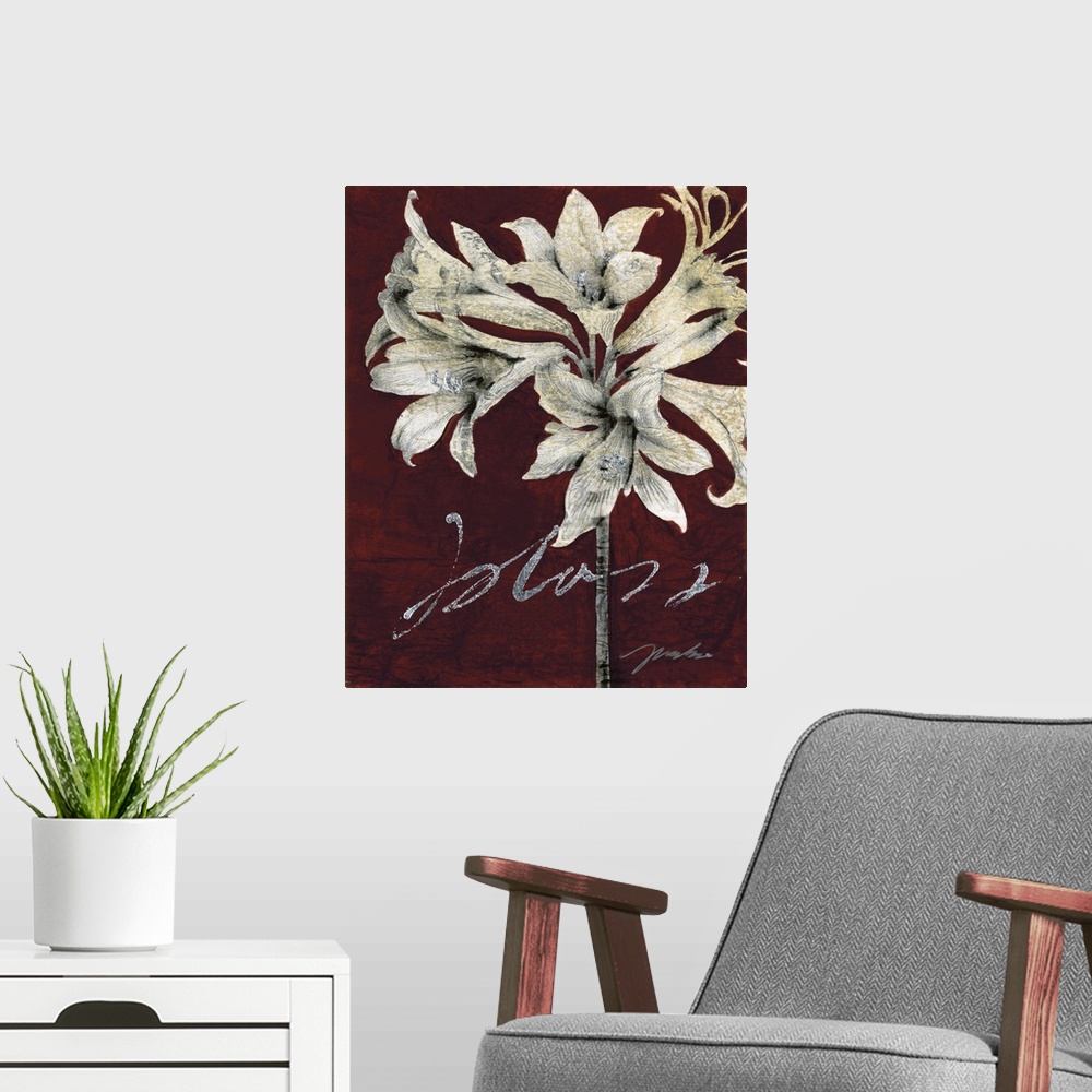 A modern room featuring A vertical decorative design of a group of white lilies on a burgundy backdrop.
