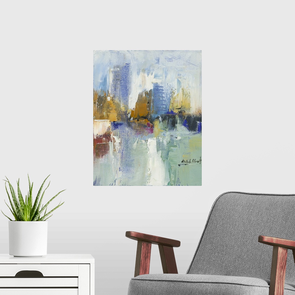 A modern room featuring Contemporary abstract painting of a cityscape with colorful buildings and layered paint creating ...