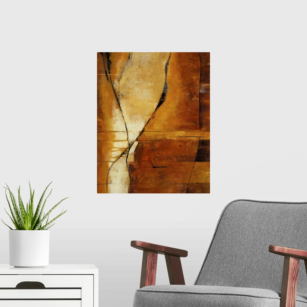 A modern room featuring Contemporary abstract painting using rich earth tons.
