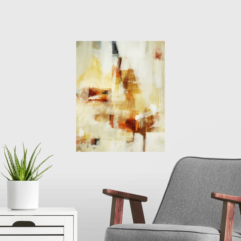 A modern room featuring Contemporary abstract painting of dark and pale orange tones against a neutral background.