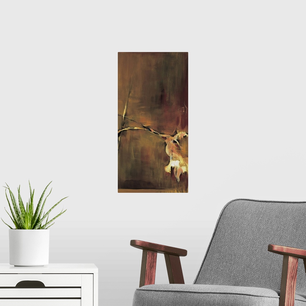 A modern room featuring Abstract painting using earth tones to create a flower that looks as though it is wilting.