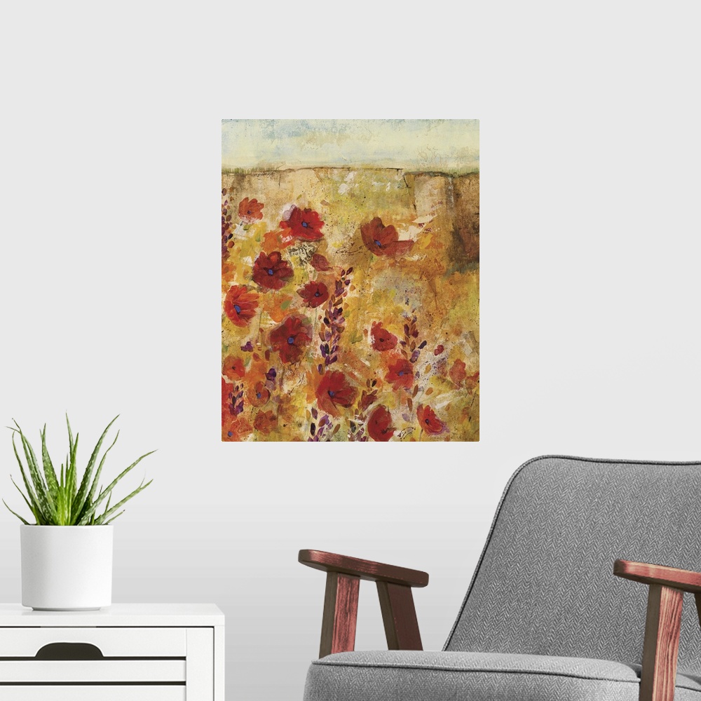 A modern room featuring A contemporary painting of red flowers in an empty field.