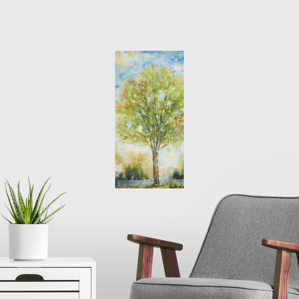 A modern room featuring Contemporary painting of a tree with bright green foliage.