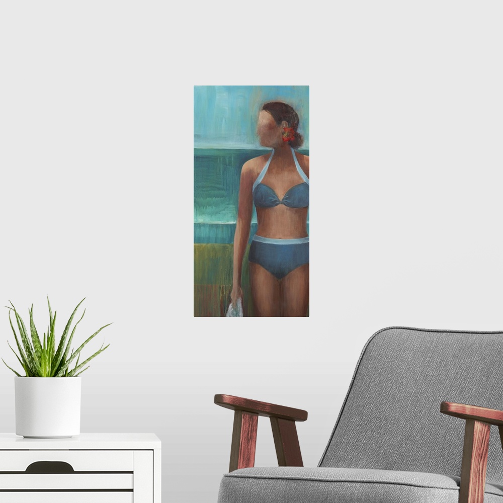 A modern room featuring Contemporary figurative painting of a woman wearing a blue bikini.