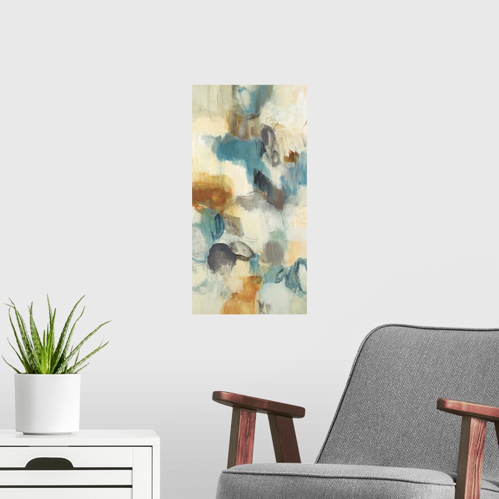 A modern room featuring Contemporary abstract painting using blue orange and gray tones against a beige background.
