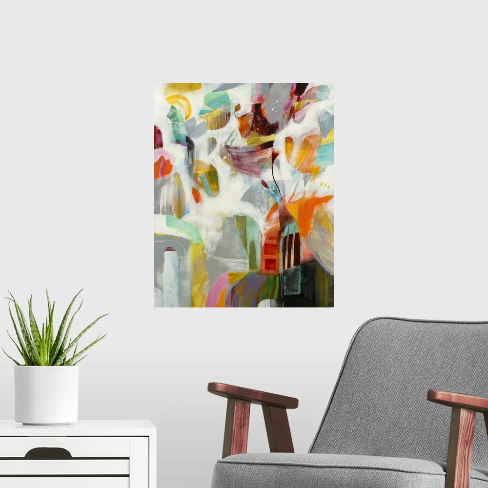 A modern room featuring A contemporary warm season painting with layers of organic shapes in yellows, oranges and teal on...