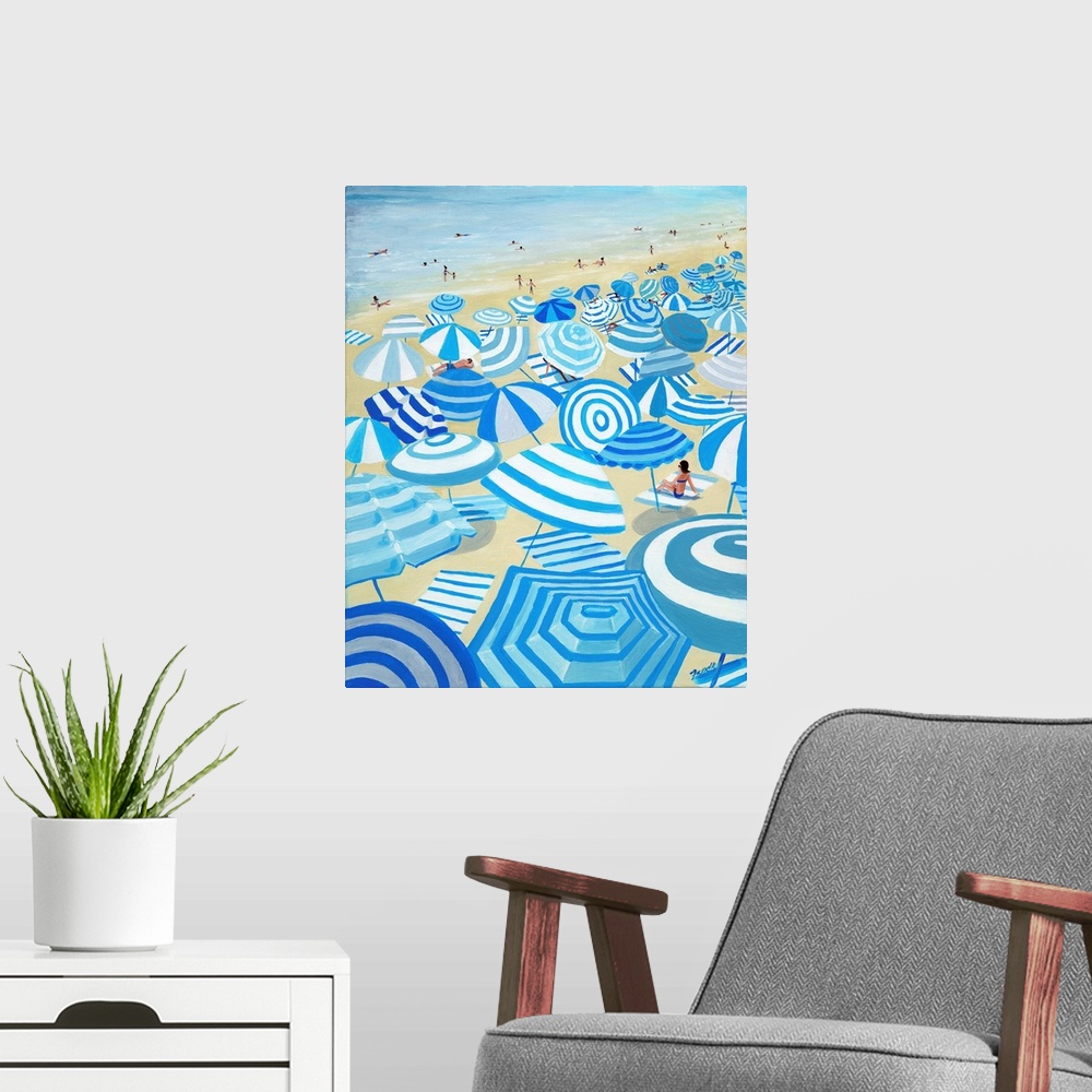 A modern room featuring A fun and lighthearted painting of blue and white striped umbrellas on a crowded beach. Whimsical...