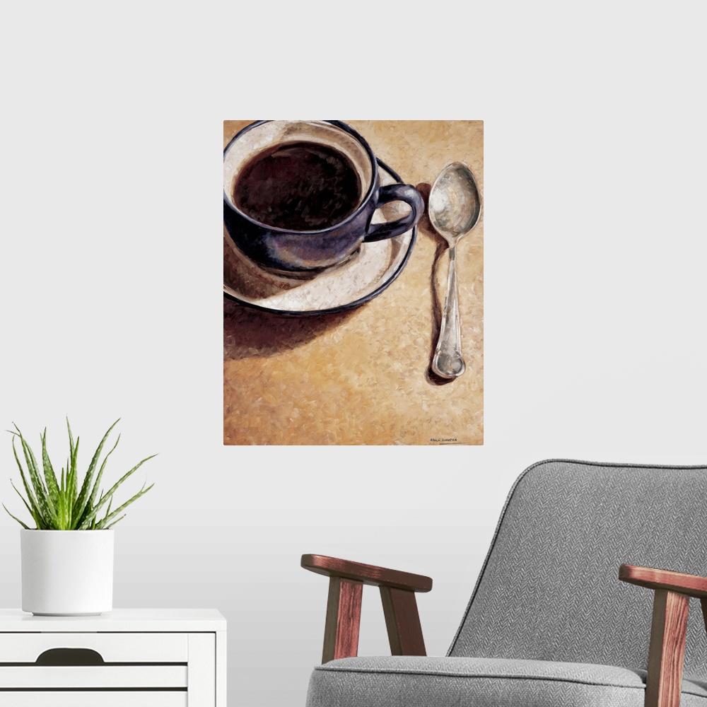 A modern room featuring Contemporary painting of a cup of coffee with a spoon.
