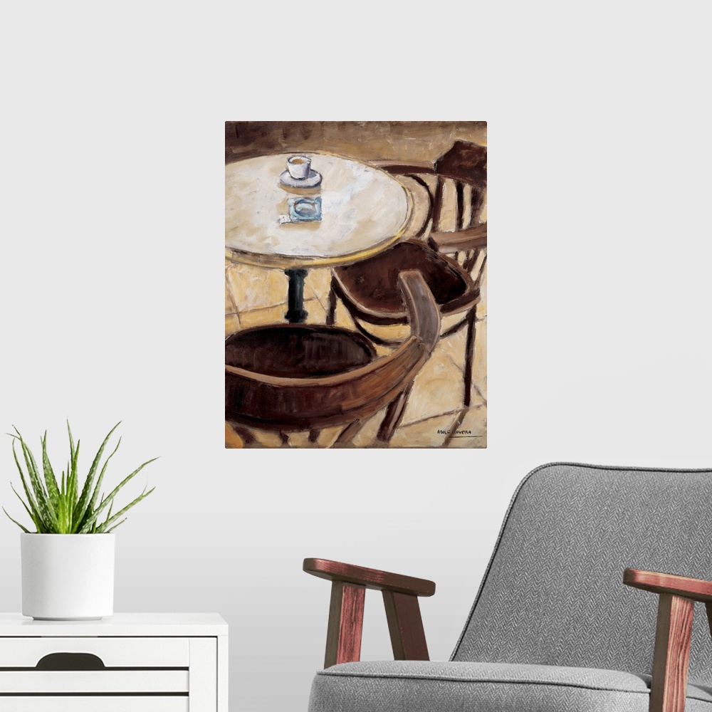 A modern room featuring Contemporary painting of a cafe table and chairs.