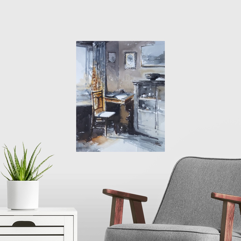 A modern room featuring This contemporary artwork features dry watercolor brush stokes to illustrate an antique office sp...