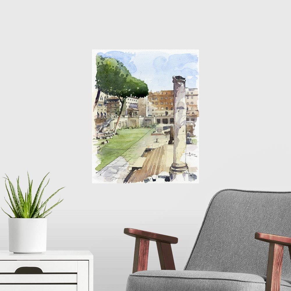 A modern room featuring This bright scene uses vibrant greens to accentuate the ancient landscape of Rome.