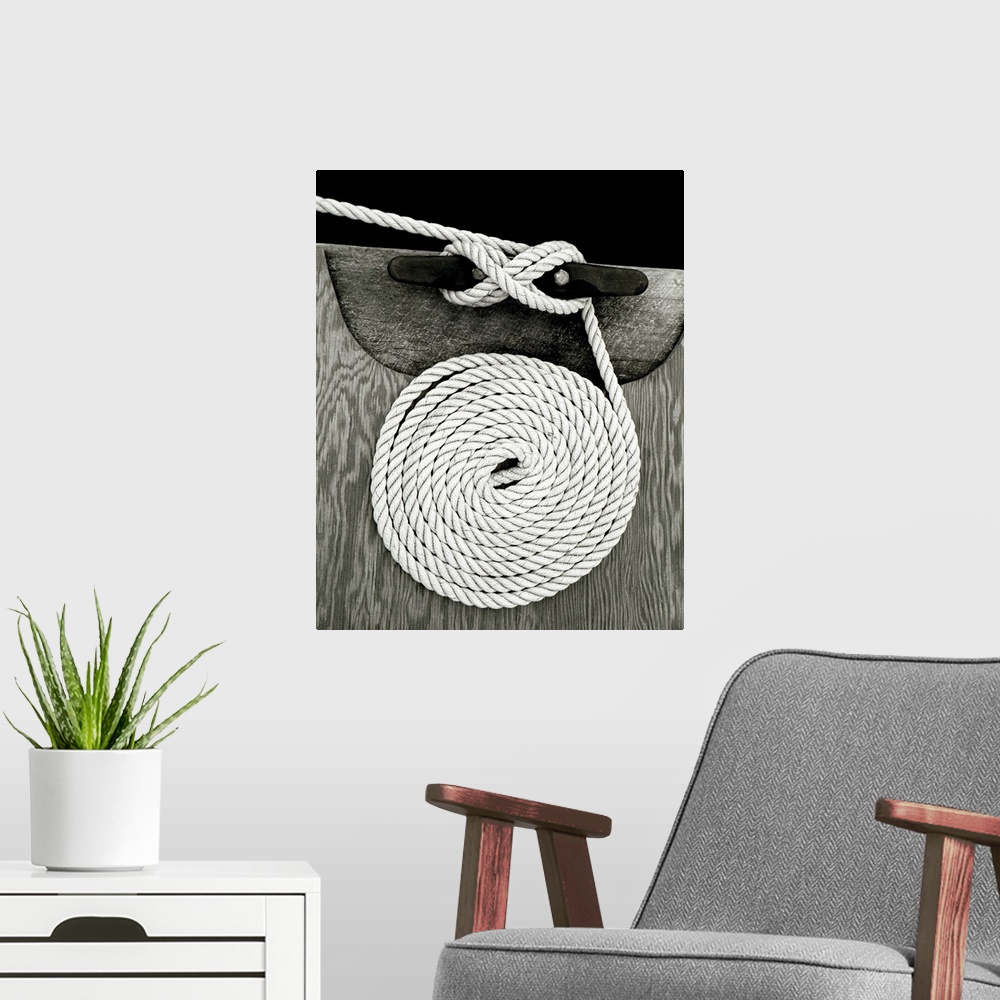 A modern room featuring A coiled rope on a dock