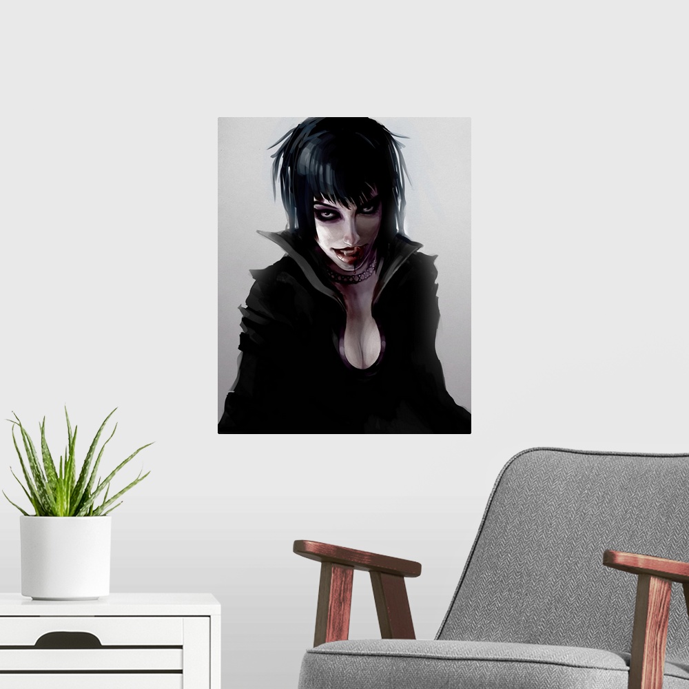 A modern room featuring Dark Vampire Woman with cloak and blood