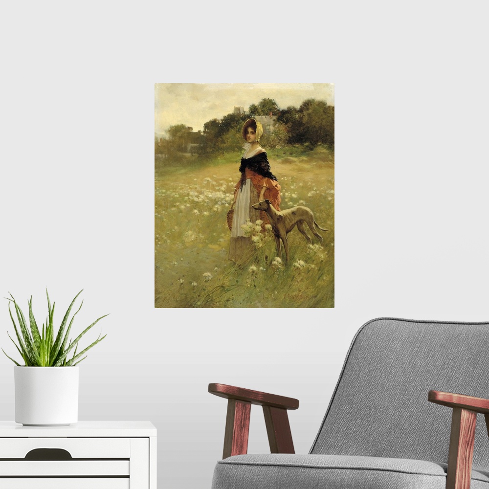 A modern room featuring This scene of a young girl and her dog in a windswept field is a romantic image of American colon...