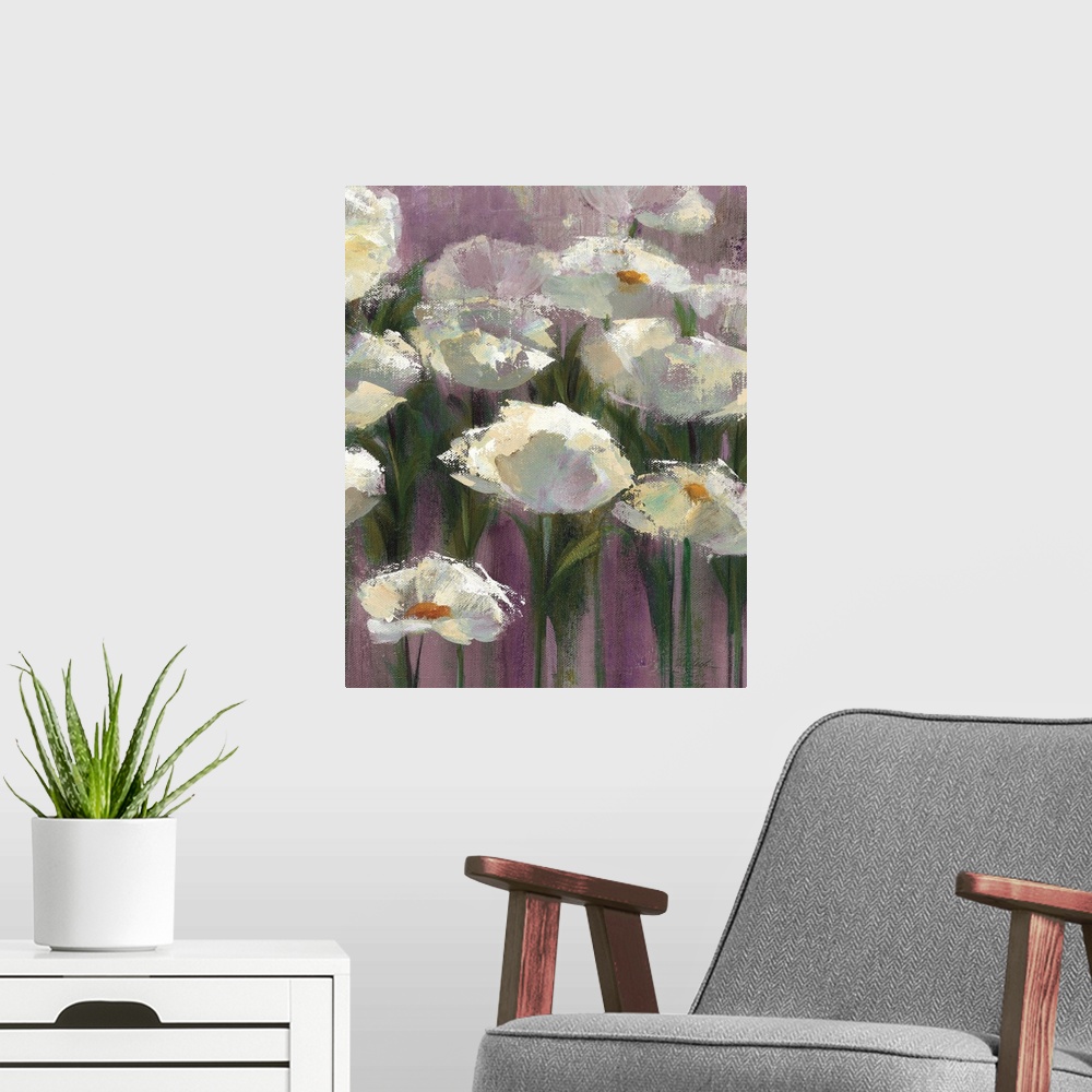 A modern room featuring Contemporary artwork of white flowers close-up in the frame of the image. Against a dark purple b...