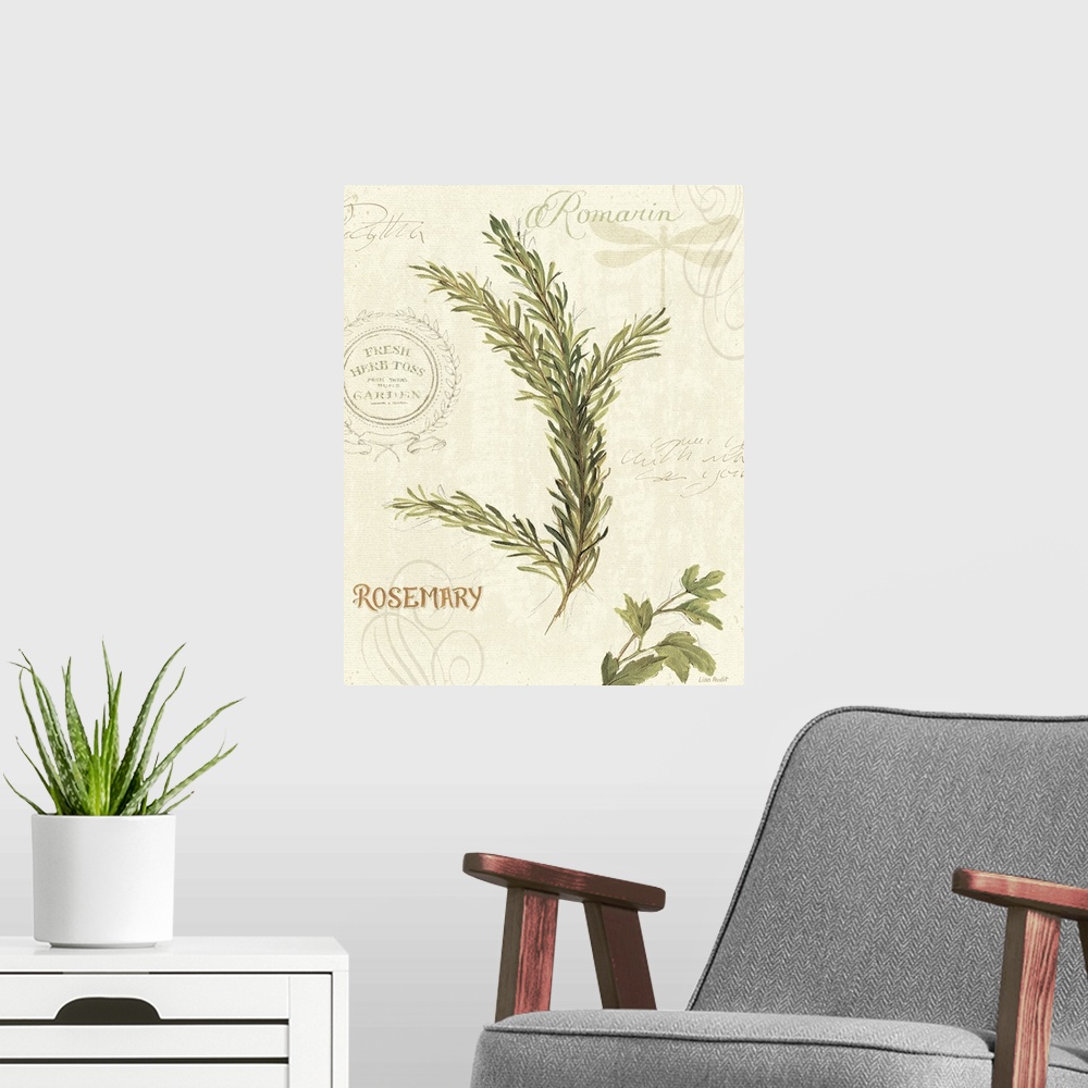 A modern room featuring Mixed media illustration of rosemary herbs with text in the background.