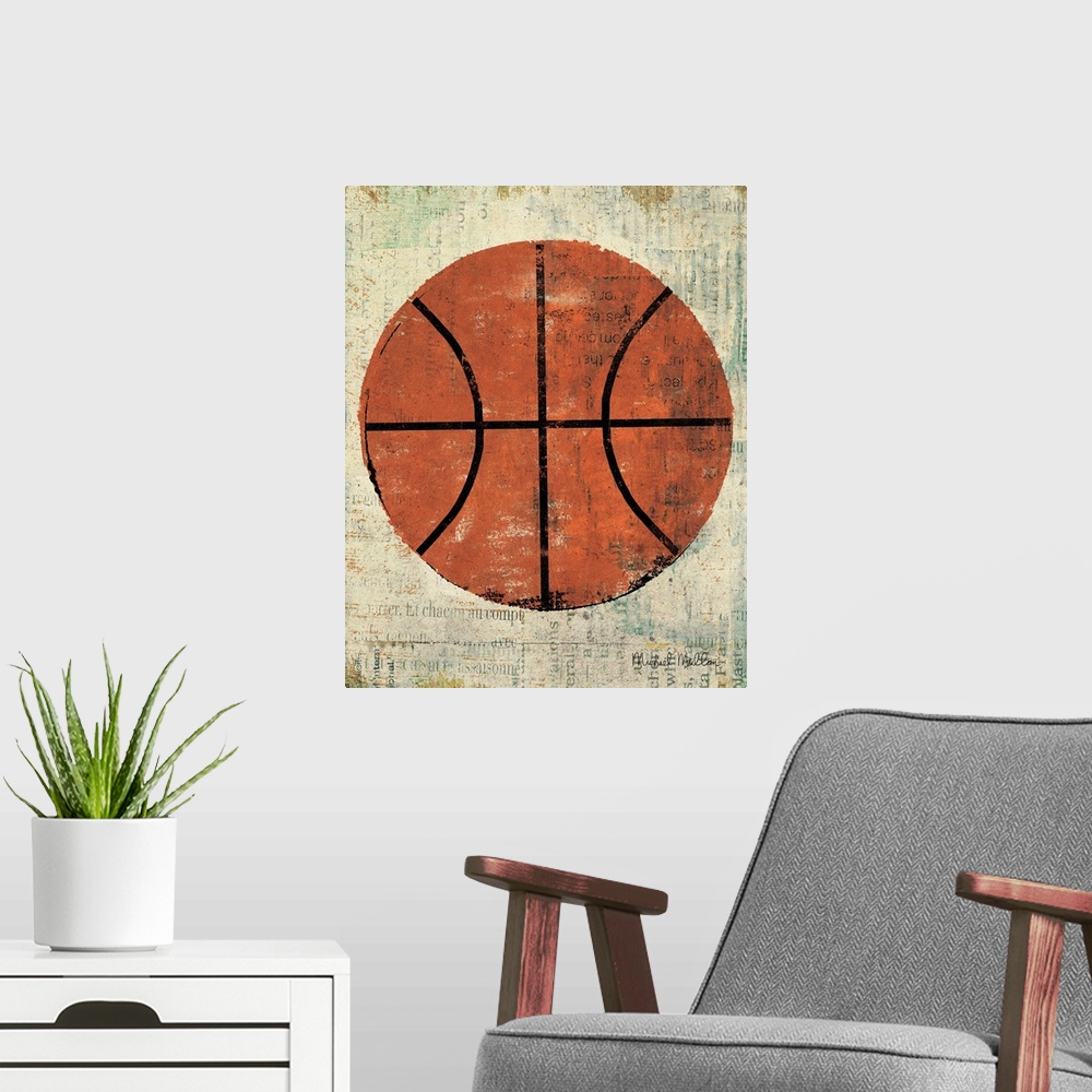 A modern room featuring Contemporary artwork of a basketball against a weathered beige background.