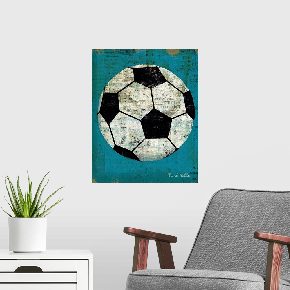 A modern room featuring Contemporary artwork of a soccer ball against a weathered blue background.