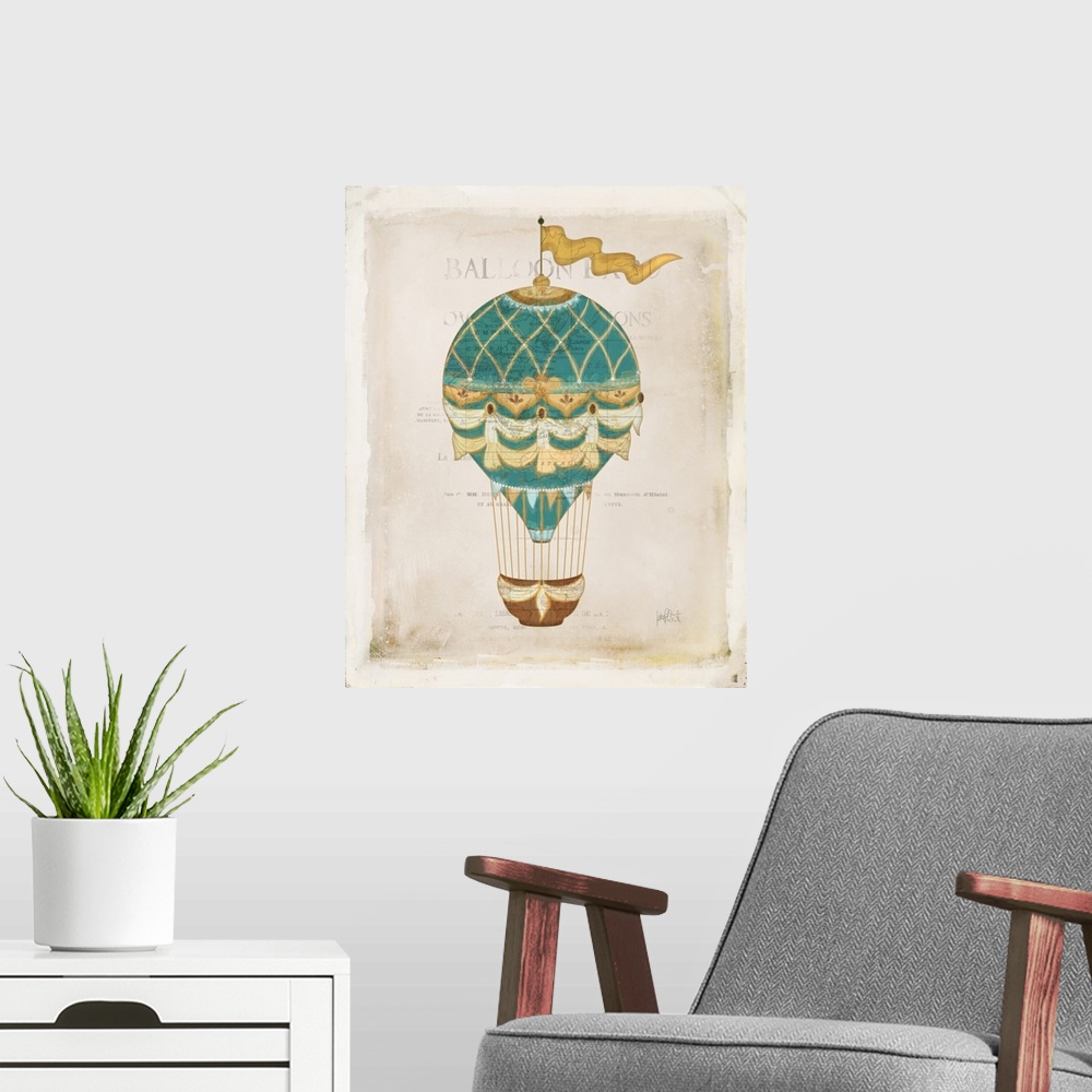 A modern room featuring Illustration of a colorful hot air balloon on a aged background with a faint map and writing.