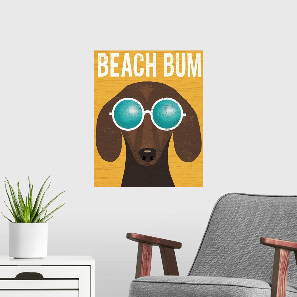 A modern room featuring Illustration of a dachshund wearing circular sunglasses on a yellow wood grain background with "B...