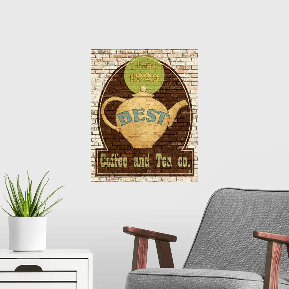 A modern room featuring Big canvas print of a a logo for tea and coffee painted onto a brick wall.