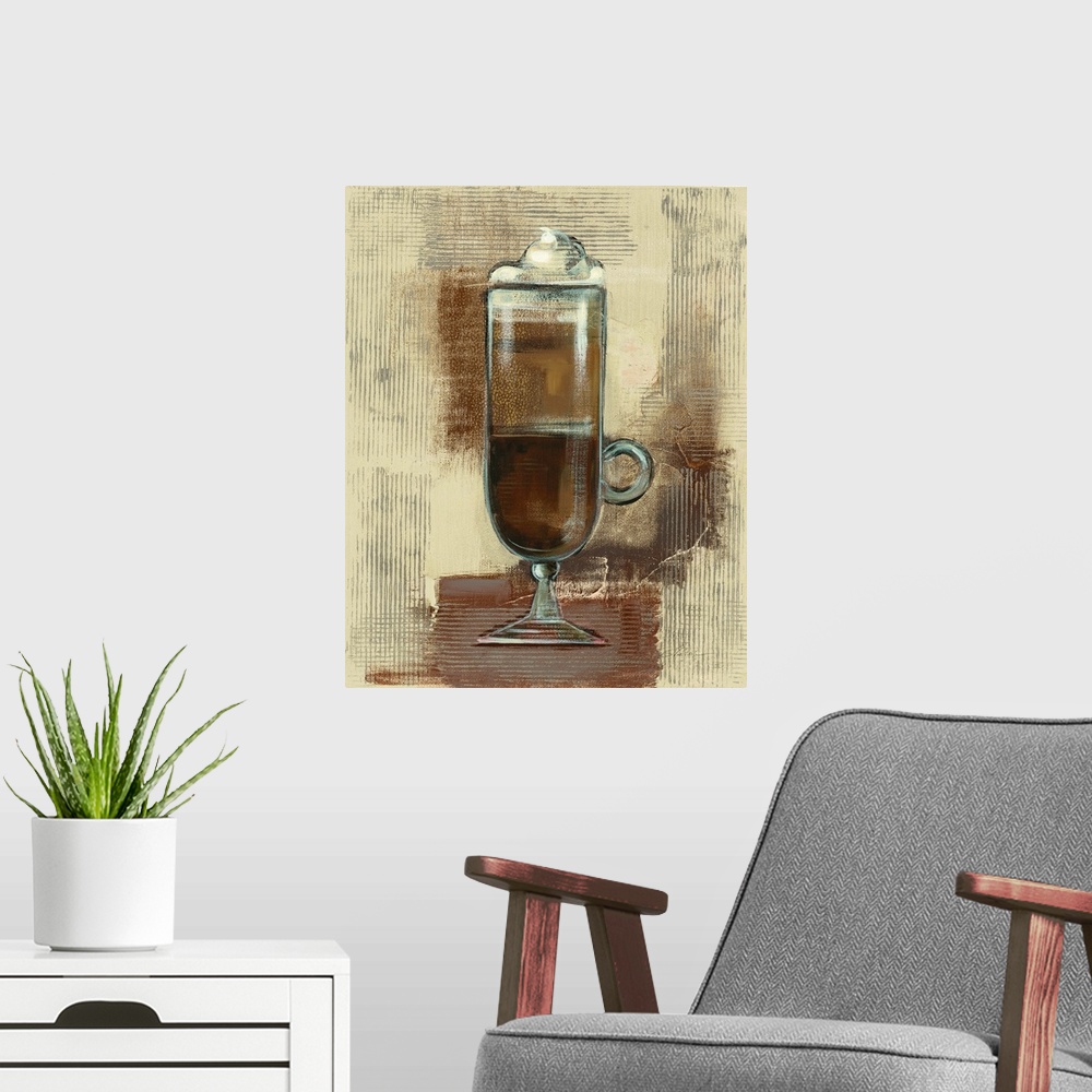A modern room featuring Contemporary painting of a tall cup of coffee with whipped cream on top on a textured neutral col...