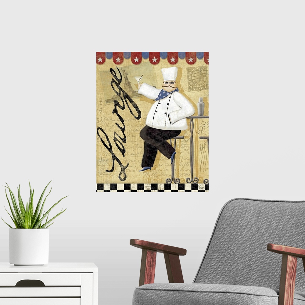 A modern room featuring Canvas painting of a chef sitting in a chair holding a wine glass in a restaurant.