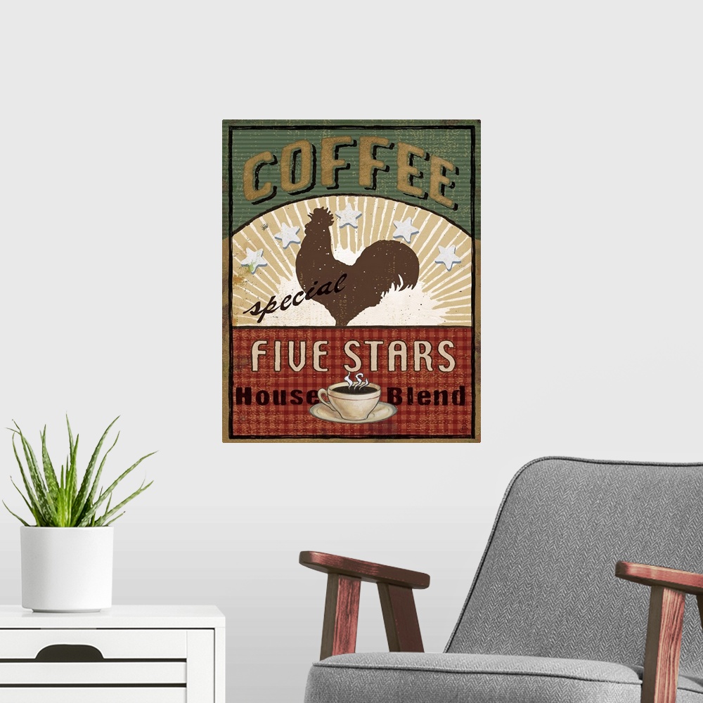 A modern room featuring Large print of a coffee advertisement with a rooster silhouette in the middle.