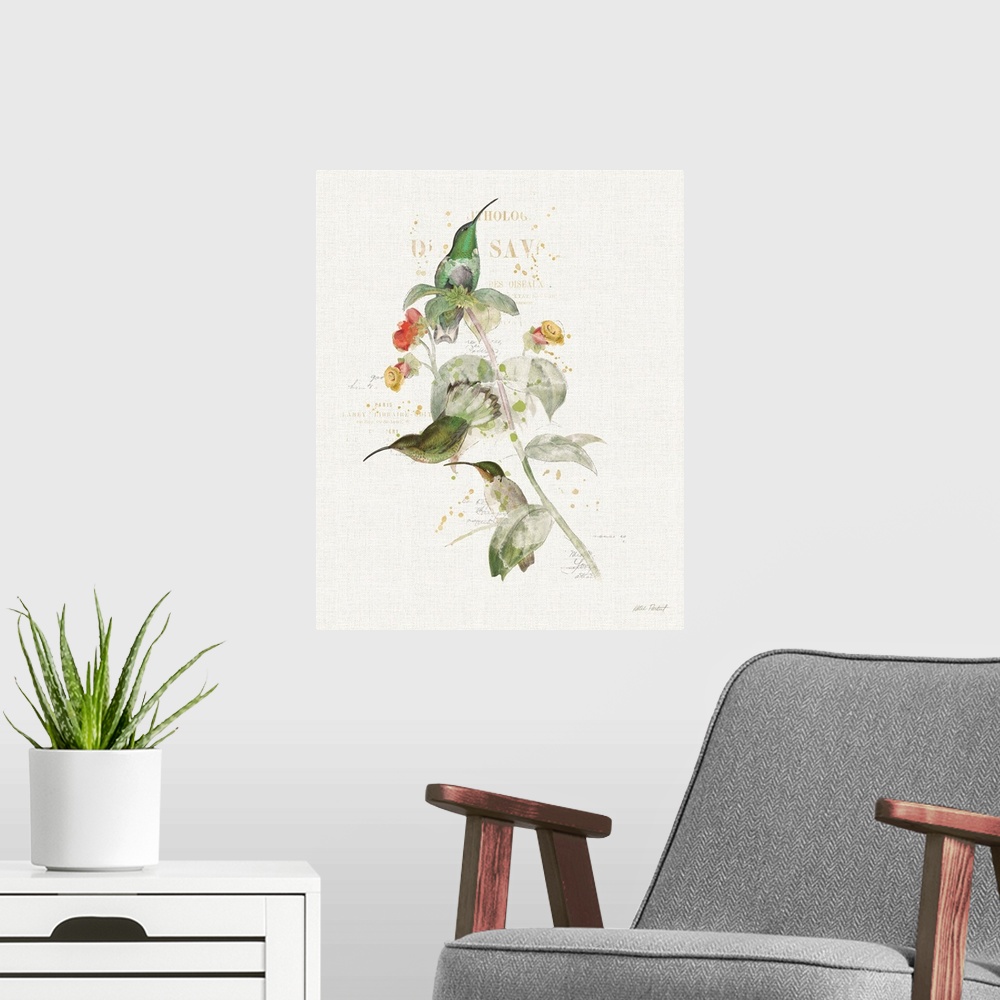 A modern room featuring Watercolor painting of three green hummingbirds perched on a branch with flowers and paint splatt...
