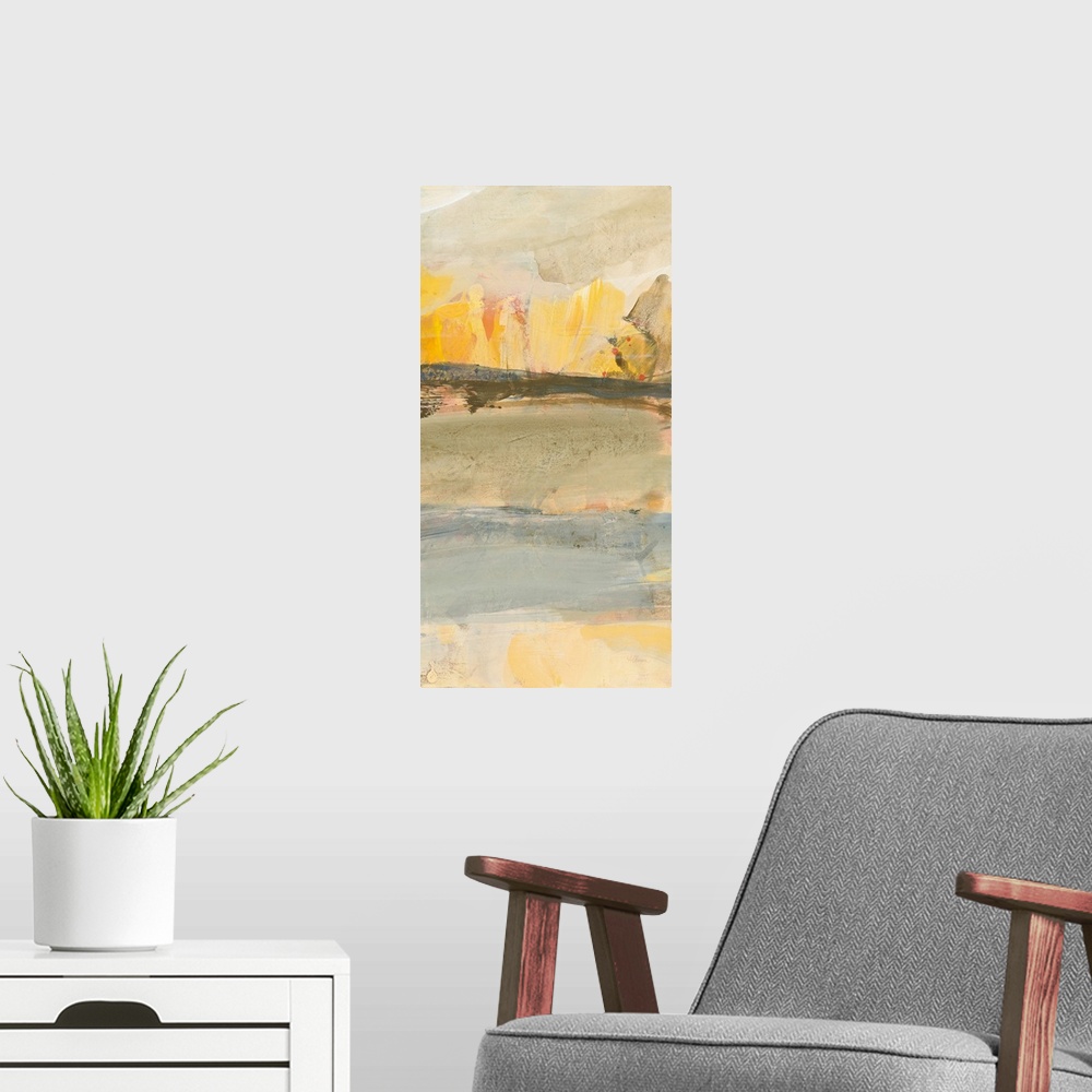 A modern room featuring A vertical abstract landscape of an autumn field lined by trees with texture horizontal brush str...