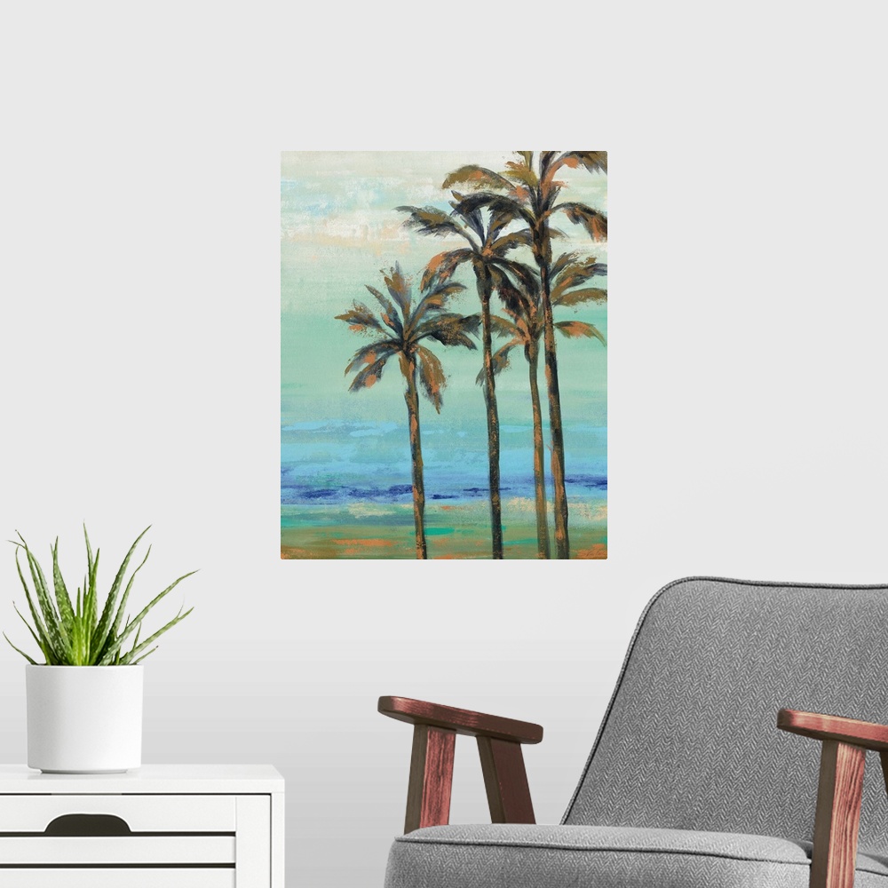 A modern room featuring Contemporary artwork of palm trees adorned with copper colored highlights over an abstract landsc...